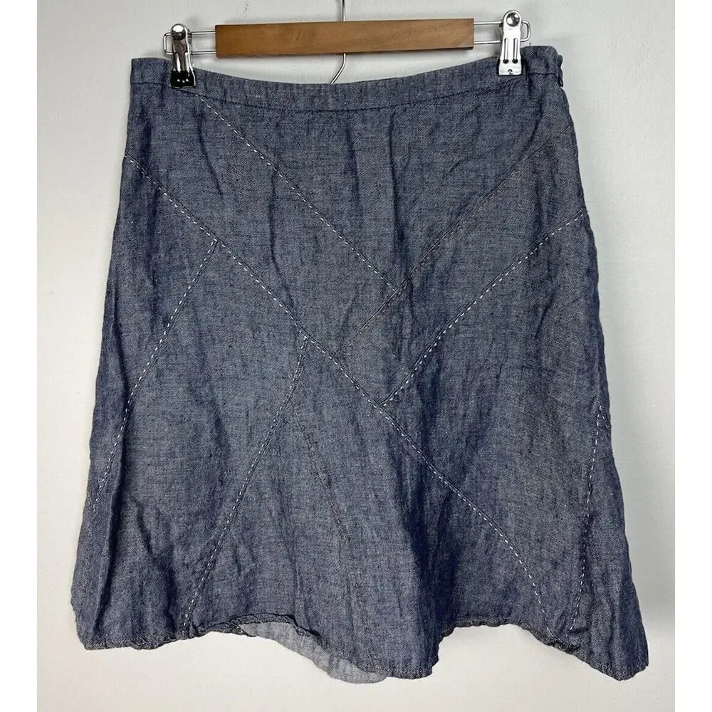 CAbi Style #930 Blue Linen Skirt Flared Topstitch Patchwork A-Line Size 8 Womens